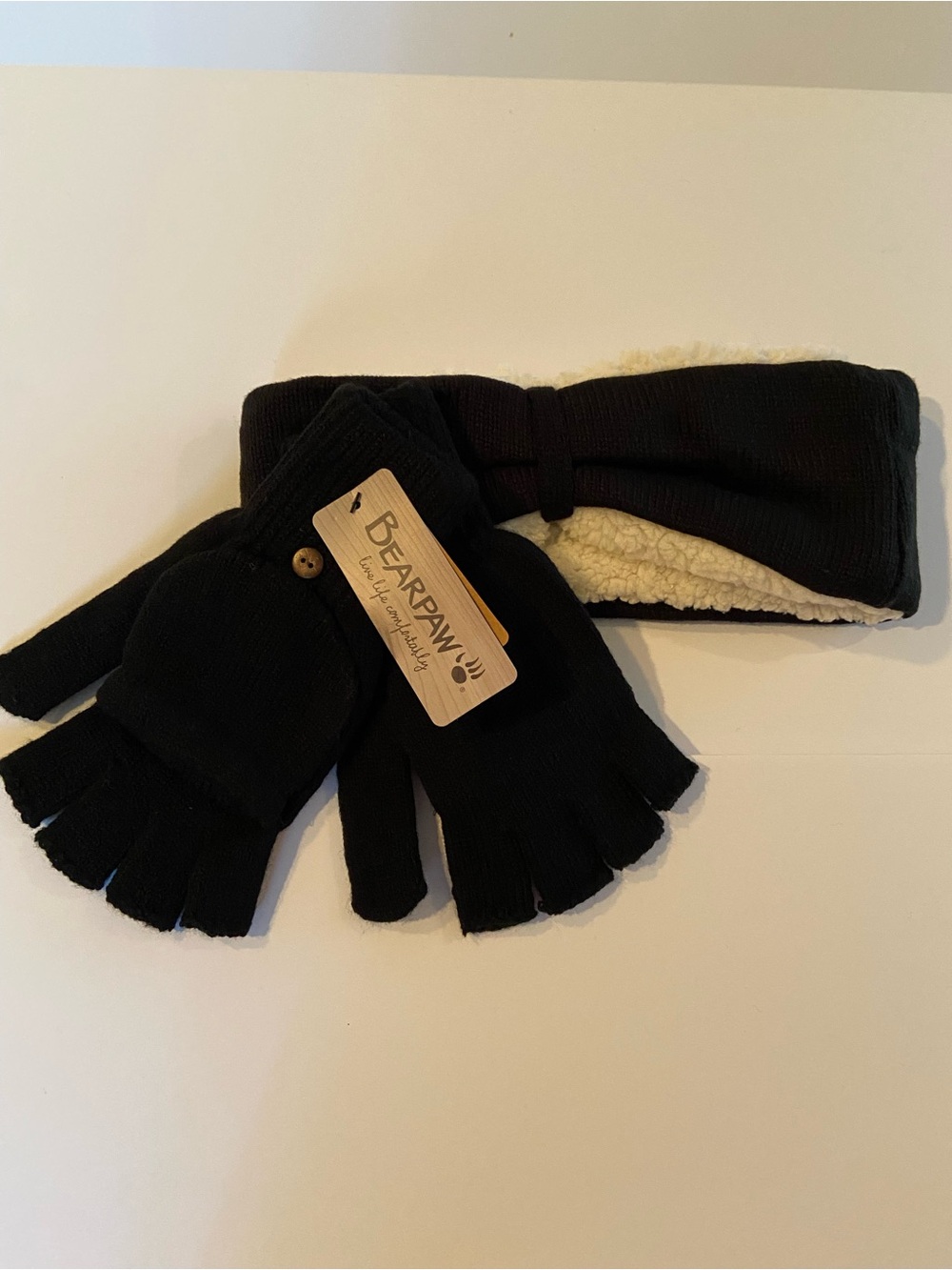 BearPaw Black Sherpa-Lined Headband & Convertible Gloves Set